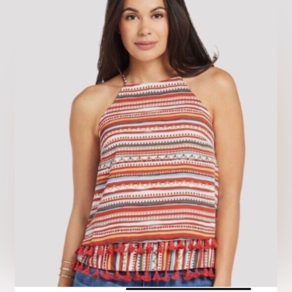 Anthropologie Sunday in Brooklyn Desert Striped Tassel Tank Evereve Rust Size XS